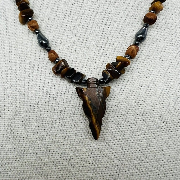 Tigers Eye Arrowhead Necklace Chip Stones Hematite Barrel Clasp 18” - Picture 2 of 4